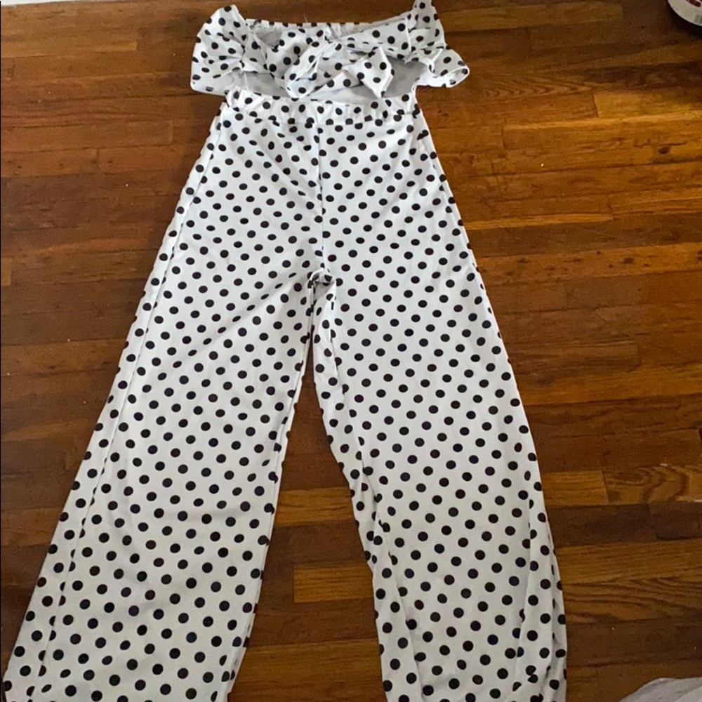 Two piece polka dot pants suit